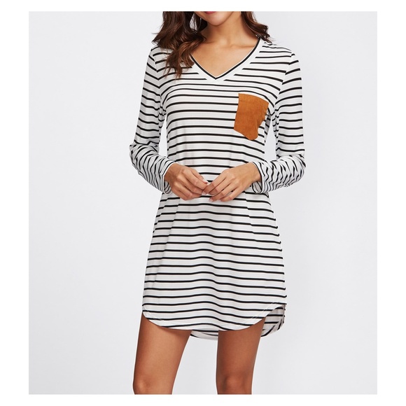 MBM Unlimited Dresses & Skirts - White Black Striped Long Sleeve Curved Tee Dress